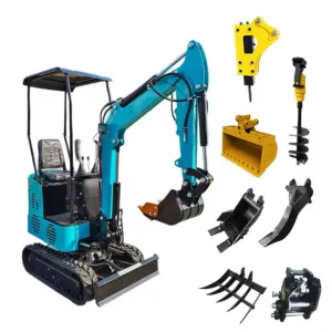 A blue compact mini excavator with rubber tracks and multiple hydraulic attachments.