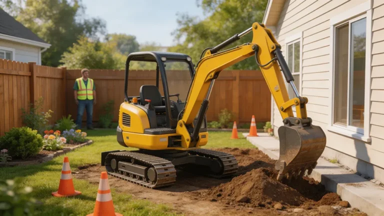 A yellow mini excavator digging near a house foundation in a tight residential backyard with a wooden fence.