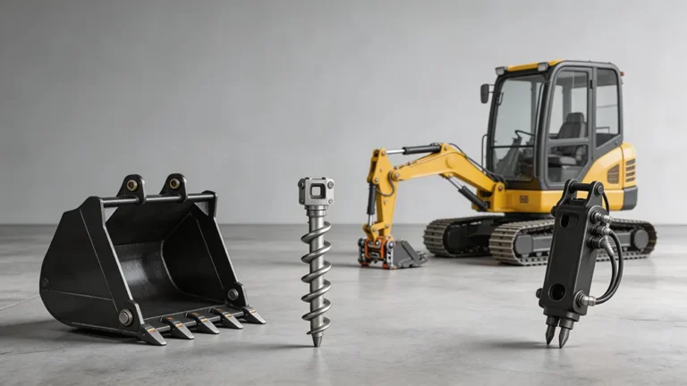 A small excavator with a digging bucket, auger drill, and hydraulic breaker arranged in front of it.