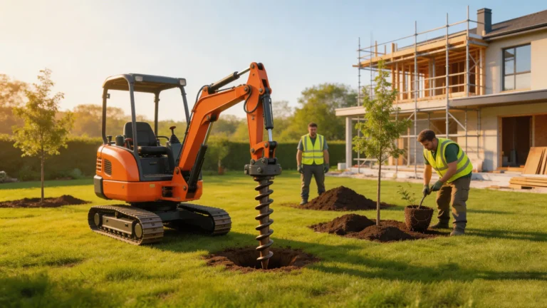 A small excavator using an auger attachment to drill holes in a residential garden.