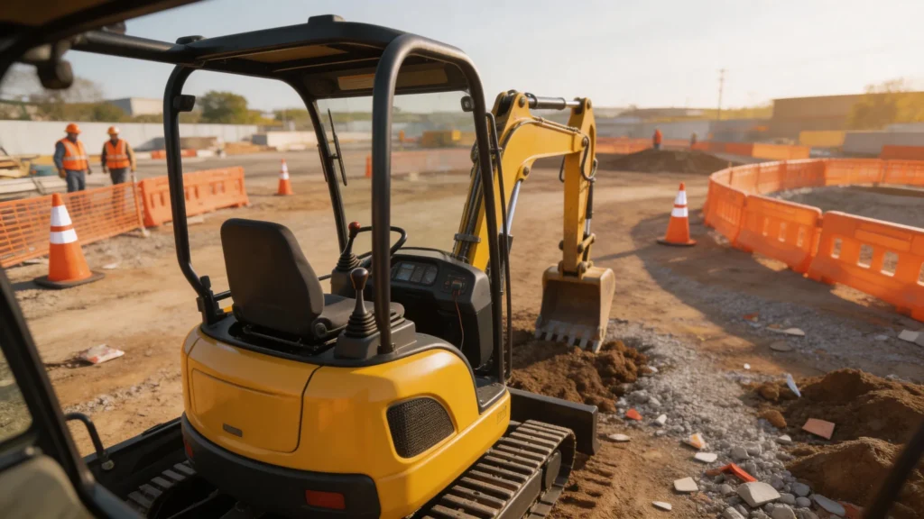 A compact yellow mini excavator operating on a construction site with safety cones.