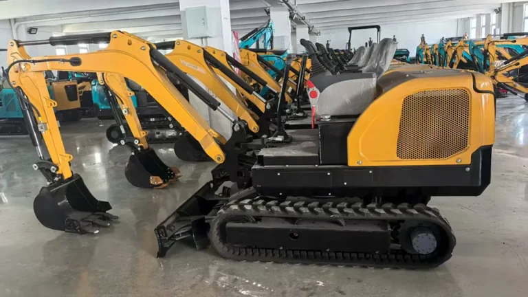 A row of new mini excavators displayed in a clean, well-lit showroom.