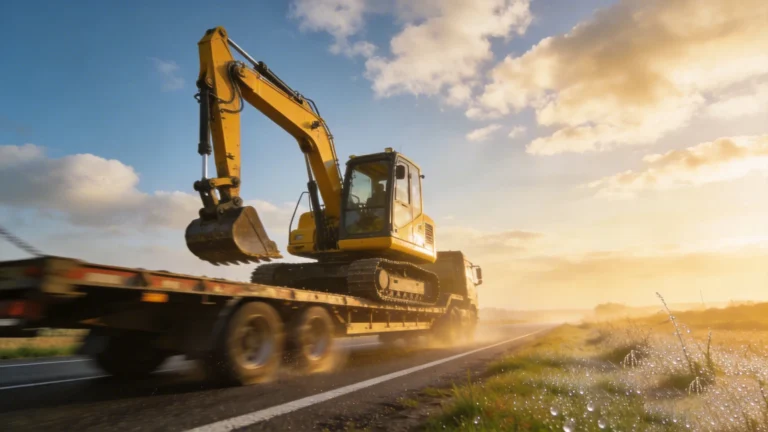 A yellow mini excavator loaded onto a flatbed trailer on a highway at sunrise.