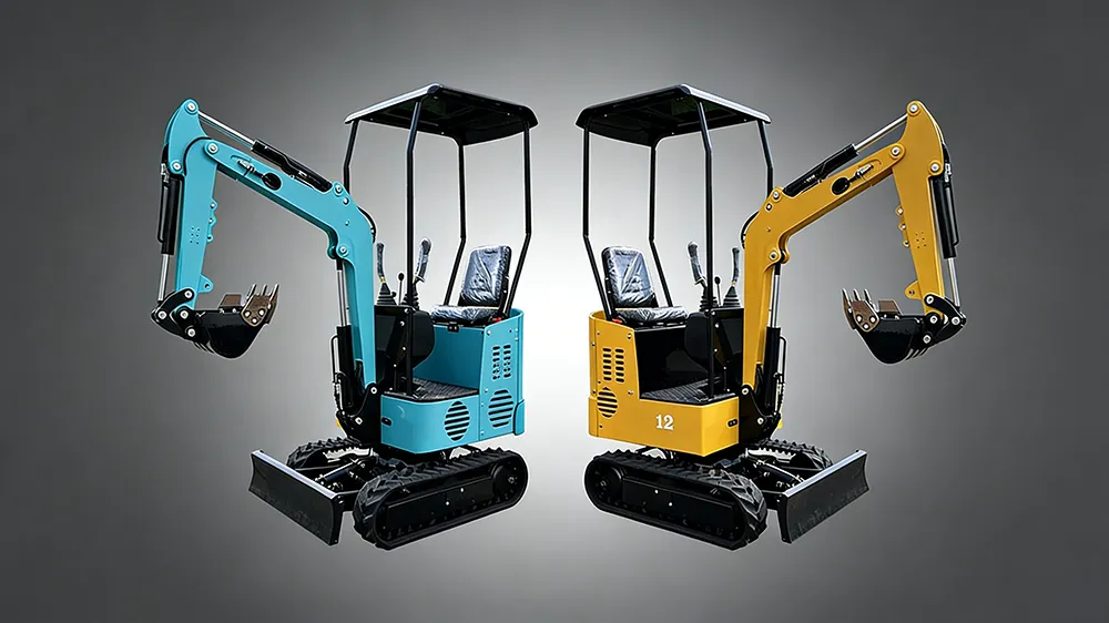 Side-by-side display of blue and yellow 1.2 ton mini excavators against a grey gradient background.