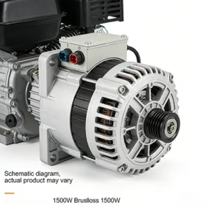 Side front view of a 1500W brushless alternator attached to a gasoline engine, against a plain white background.