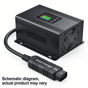 Schematic diagram of a 30A smart battery charger with LCD display and cooling fan, against a plain white background.