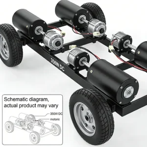 Side front view of a 350W four-wheel DC motor drive chassis with four motors and rugged tires, against a plain white background.