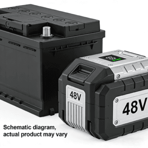 Schematic diagram of a 48V lithium battery pack with digital display and LED indicators, alongside a lead-acid battery, against a plain white background.