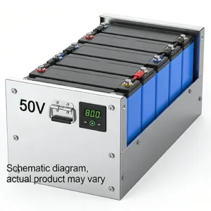Side front view of a 50V lithium battery pack with digital display, installed in a metal enclosure against a plain white background.