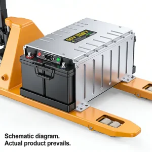 Side front view of a 50V lithium battery pack installed on an orange forklift pallet jack, against a plain white background.