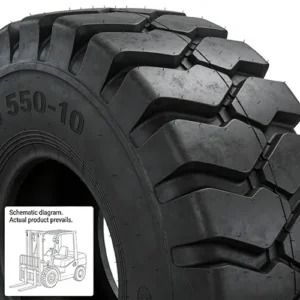 Close-up view of a 550-10 solid rubber forklift tire, with a forklift schematic in the corner, against a plain white background.