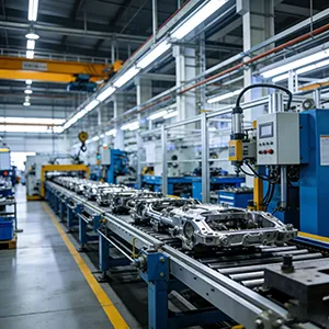 An automated production line with precision-engineered components on a conveyor belt in a manufacturing facility.