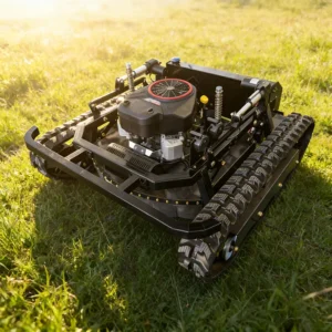 Front side view of a black remote-controlled tracked lawn mower, showcasing its cutting deck and gasoline engine, on a sunlit grass field.