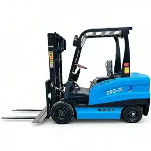 High-definition side front view of a blue electric forklift CPD-20 with black mast and solid rubber tires, on a plain white background.