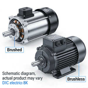 Schematic diagram comparing a brushed electric motor (exposed stator windings) and a brushless electric motor, against a plain white background.