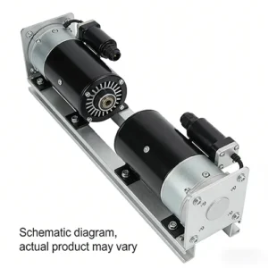 Side front view of a dual DC motor assembly mounted on an aluminum base, against a plain white background.