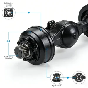 Side front view of a full-floating drive axle for electric forklifts, with technical annotations labeling key components against a plain white background.
