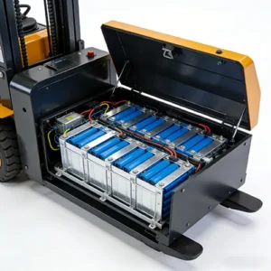 Side front view of an open lithium battery pack installed in an electric forklift, with blue cylindrical cells and wiring visible