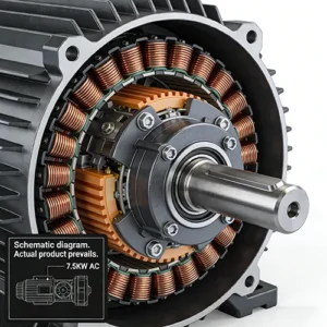 Close-up schematic cutaway view of an electric forklift motor, showing copper windings and internal components against a plain white background.