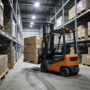 Interior of a finished goods warehouse with a forklift transporting palletized products.
