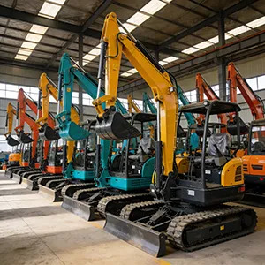 A spacious showroom displaying a finished fleet of mini excavators in various colors.