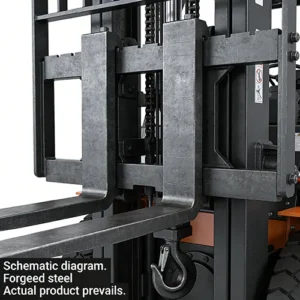Close-up view of forged steel forklift forks and hook assembly, against a plain white background.