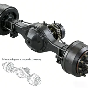 Side front view of a forklift drive axle, with technical schematic drawings, against a plain white background.