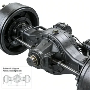 Side front view of a heavy-duty forklift drive axle, with technical dimension drawings, against a plain white background.