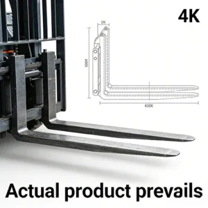 Front side view of heavy-duty forklift forks with technical dimension drawings, displayed against a plain white background.