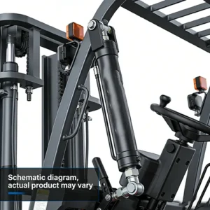 Close-up view of a forklift hydraulic cylinder assembly, part of the mast lifting system, against a plain white background.