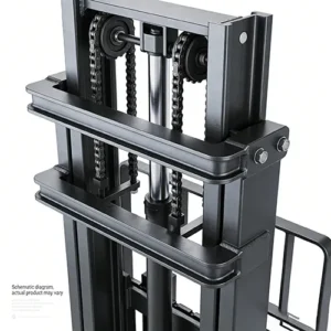 Close-up view of a forklift mast chain and hydraulic cylinder assembly, part of the lifting mechanism, against a plain white background.