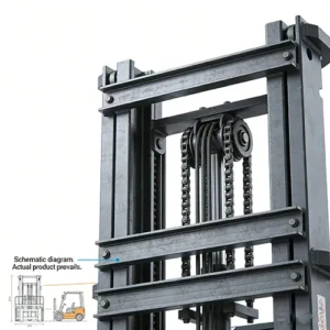 Close-up view of a forklift mast chain assembly, with a schematic diagram, against a plain white background.