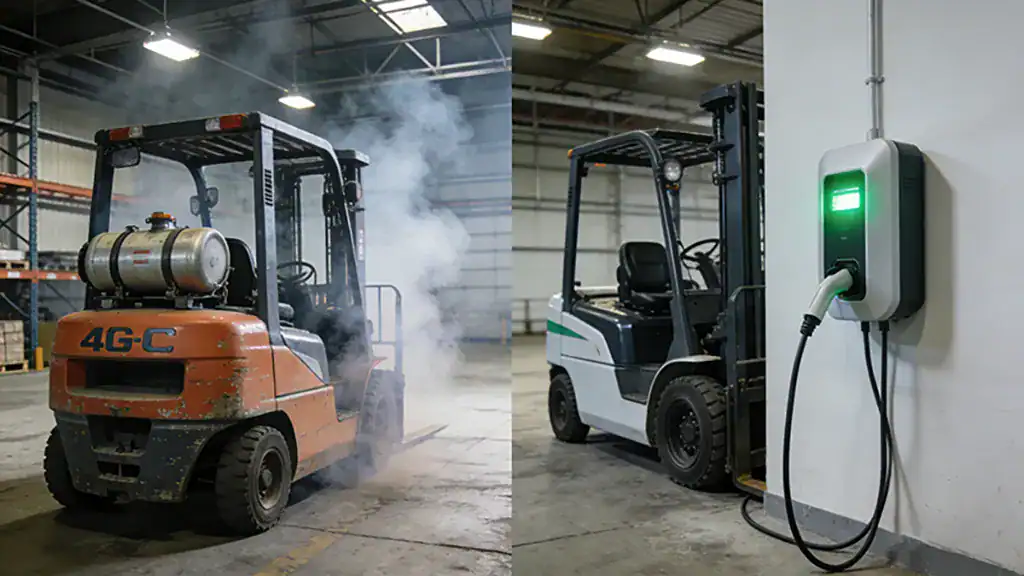 Split-view comparison of a smoky LPG forklift (left) and a clean electric forklift charging at a wall-mounted station (right), in a warehouse setting.