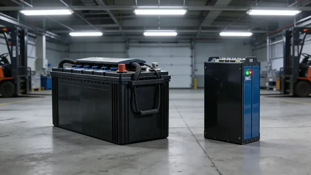 Side-by-side display of a heavy-duty industrial battery pack (left) and a BMS (Battery Management System) unit with LED indicators, in a clean, industrial warehouse setting with forklifts in the background.
