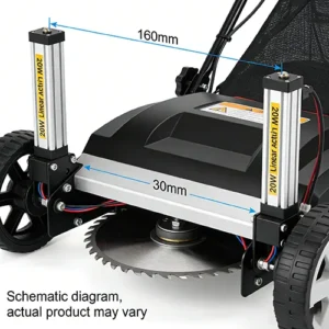 Close-up view of a lawn mower height adjustment assembly with two 20W linear actuators, marked with 160mm and 30mm dimensions, against a plain white background.