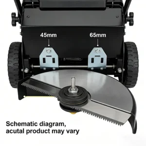 Close-up view of a lawn mower cutting blade assembly with 45mm and 65mm height adjustment markings, against a plain white background.