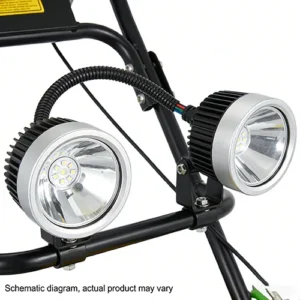 Close-up view of a dual LED work light assembly for a lawn mower, with flexible gooseneck mounting and aluminum heat sinks, against a plain white background.