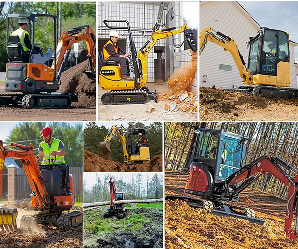 A collage of mini excavators operated by workers in various construction and landscaping scenarios.