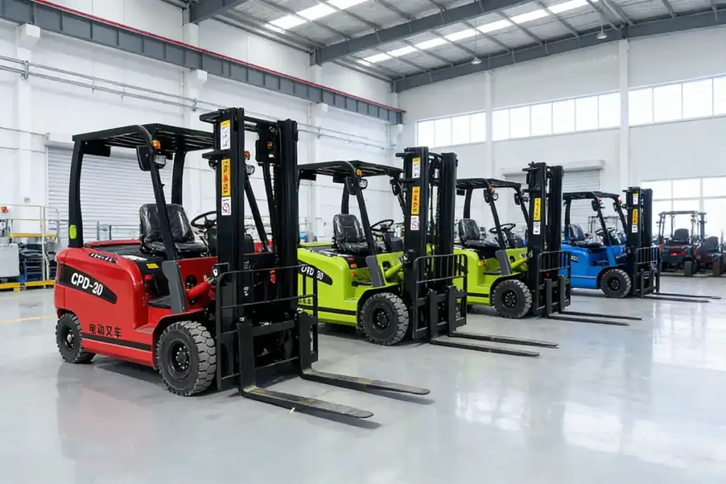 Lineup of electric forklifts (red CPD-20, green CPD-30, blue models) neatly arranged in a modern factory warehouse.