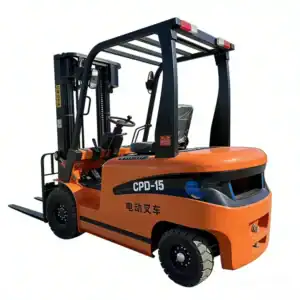 High-definition side front view of an orange electric forklift CPD-15 with black mast and solid rubber tires, on a plain white background.