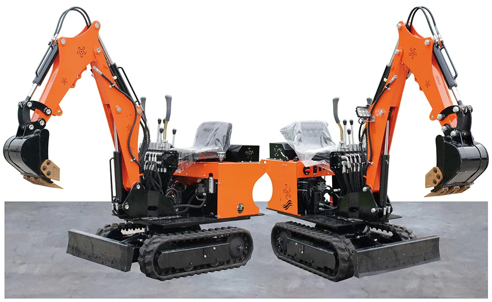 Two identical orange compact mini excavators displayed side-by-side.