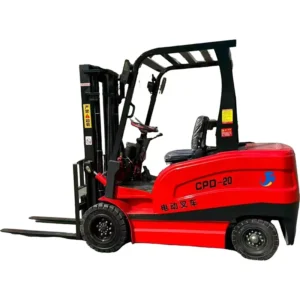 Left side view of a red CPD-20 2 ton electric forklift against a plain white background.