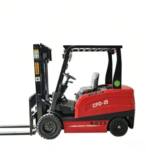 Left side view of a red CPD-25 2.5 ton electric forklift against a plain white background.