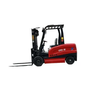 Left side view of a red CPD-30 3 ton electric forklift against a plain white background.