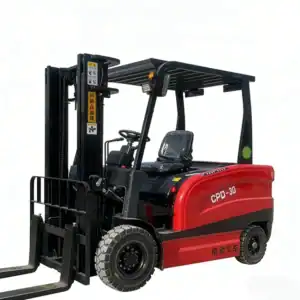 High-definition side front view of a red electric forklift CPD-30 with black mast and solid rubber tires, on a plain white background.