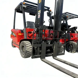 Front side view of a red electric forklift with solid rubber tires, displayed against a plain white background, with another forklift partially visible in the background.