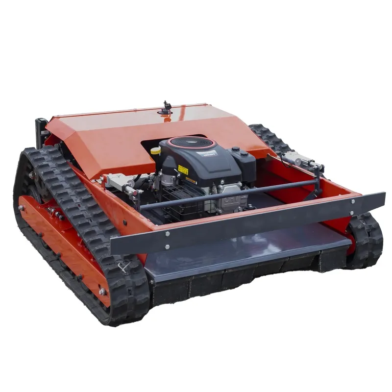 A remote-controlled tracked lawn mower operating on a slope.