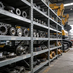 Interior view of a well-organized spare parts warehouse, stocked with gears, bearings, and hydraulic components.