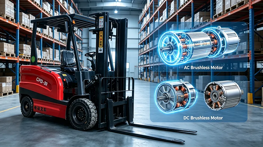 Red CPD-30 electric forklift in a warehouse with AC and DC brushless motor diagrams