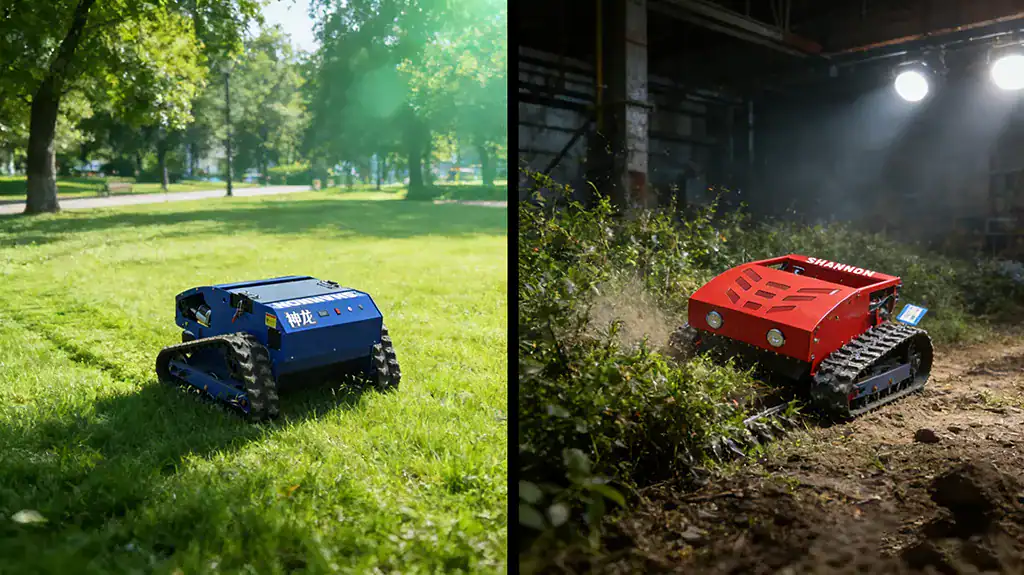 Split-screen view of two Shenlong/SHANNON remote-controlled tracked lawn mowers: blue model mowing park lawn, red model clearing dense brush.